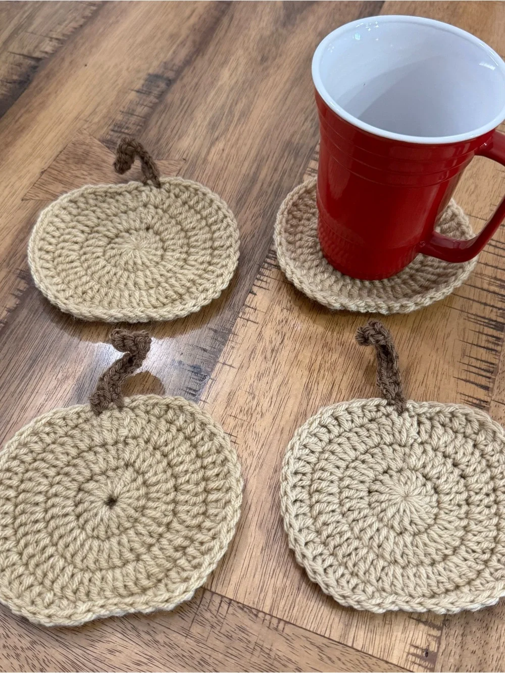 Handmade Cream Crochet Coasters with Brown stem - Set of 4